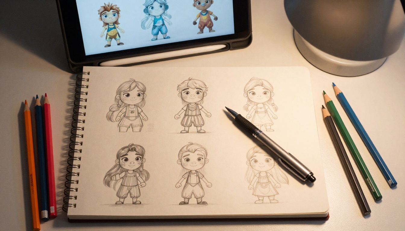 Open sketchbook with character designs beside a tablet showing the same characters rendered in full AI detail