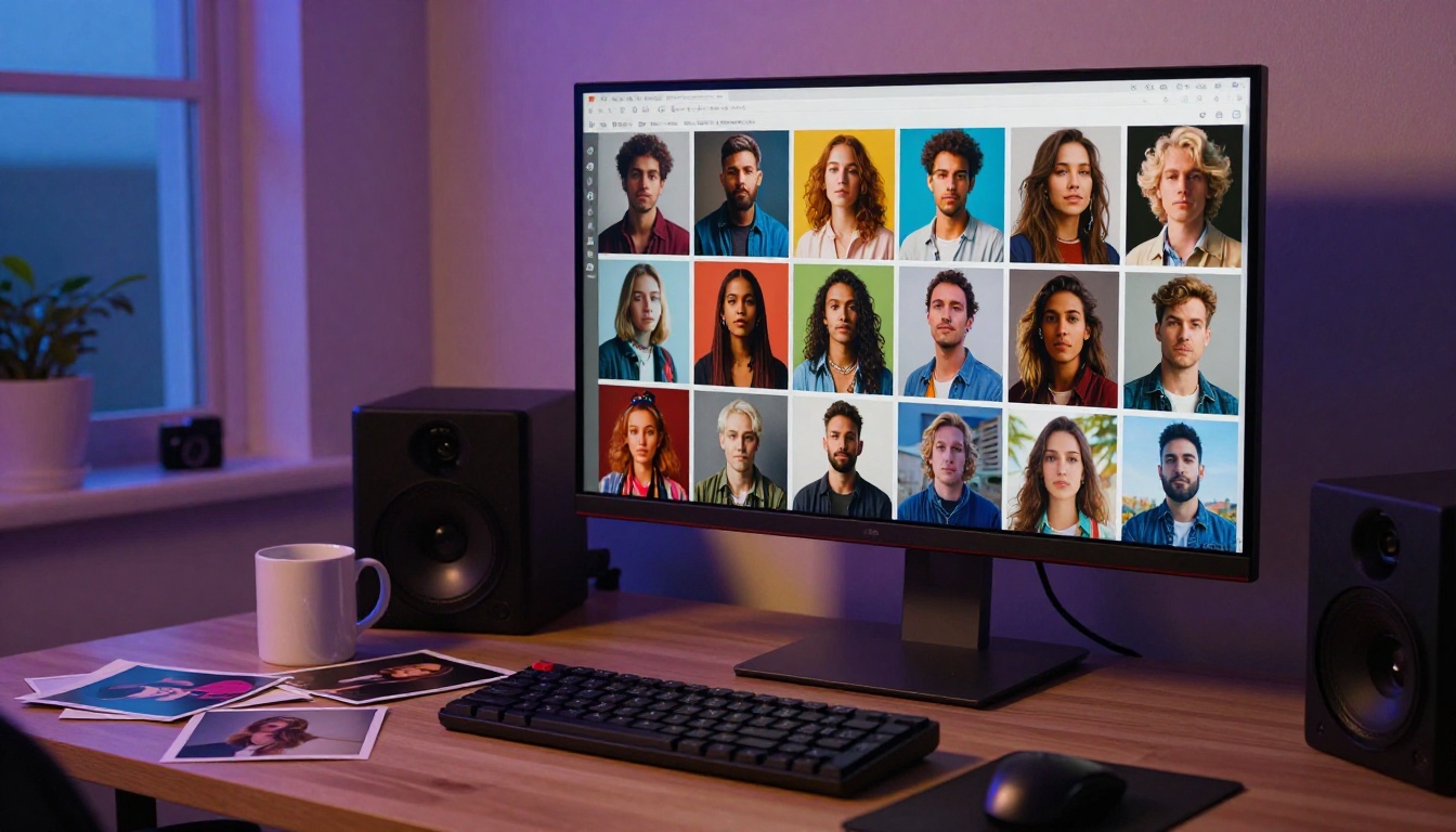 A creative professional's home studio at dusk with a large monitor showing colorful AI-generated images A creative professional's home studio at dusk with a large monitor showing colorful AI-generated images