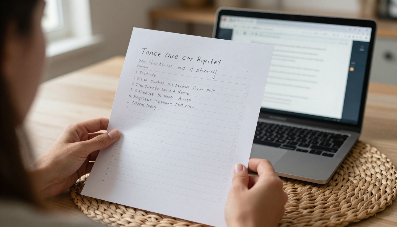 Woman holding handwritten checklist with annotations, laptop with browser tabs in background