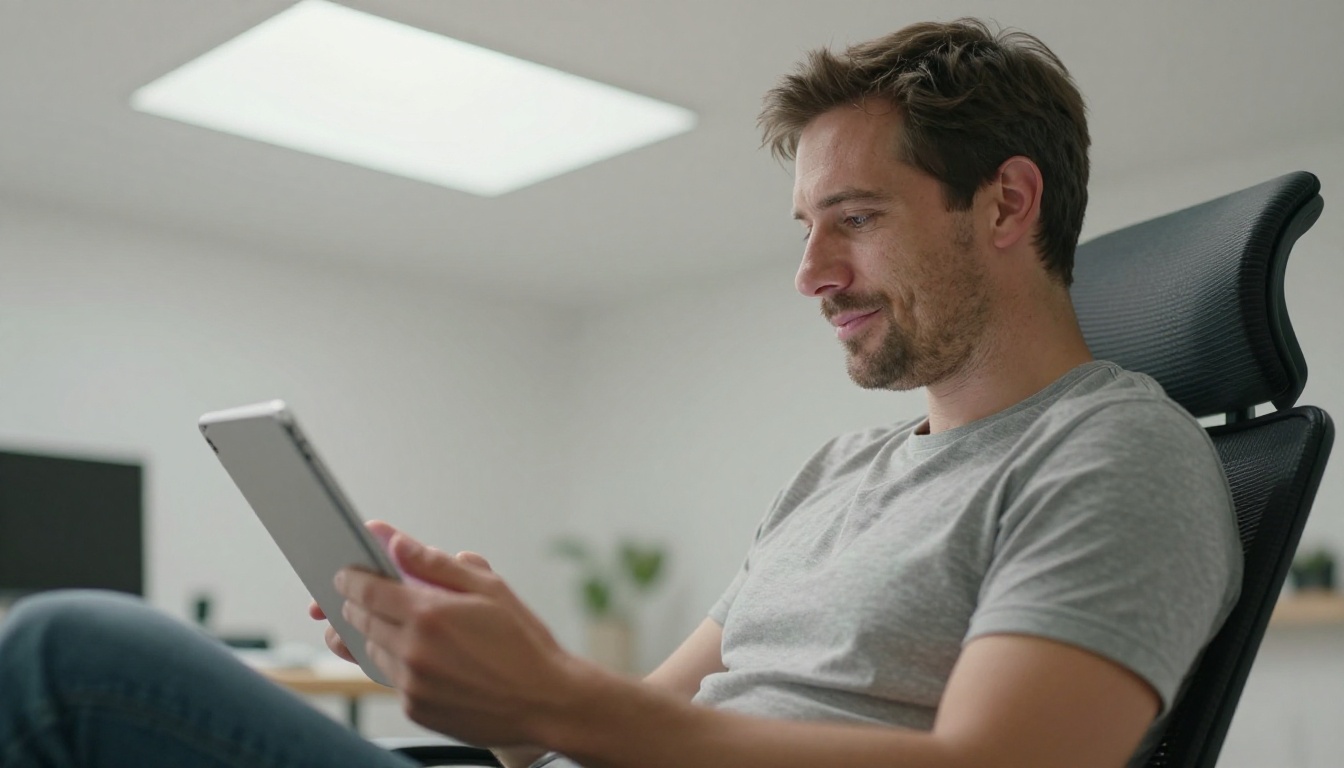 A man in his 30s with short hair looking at a tablet with a satisfied expression, bright overhead light A man in his 30s with short hair looking at a tablet with a satisfied expression, bright overhead light