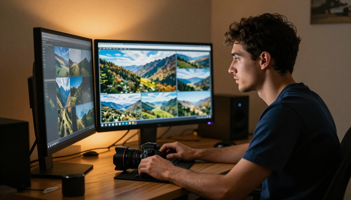 Male photographer studying a grid of AI-generated landscapes on his editing monitor