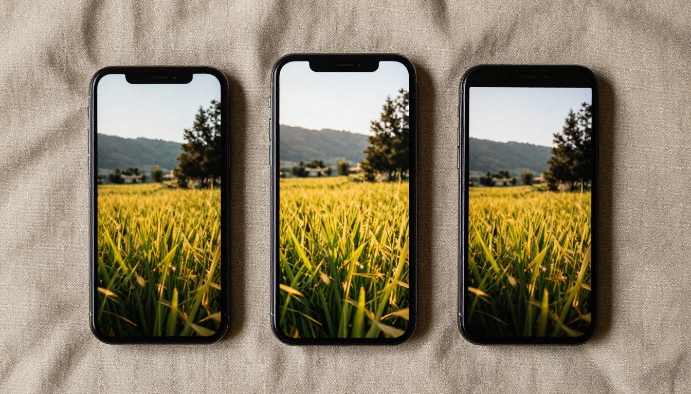 Three smartphones side by side on a natural linen surface, each screen showing a different AI-generated image Three smartphones side by side on a natural linen surface, each screen showing a different AI-generated image