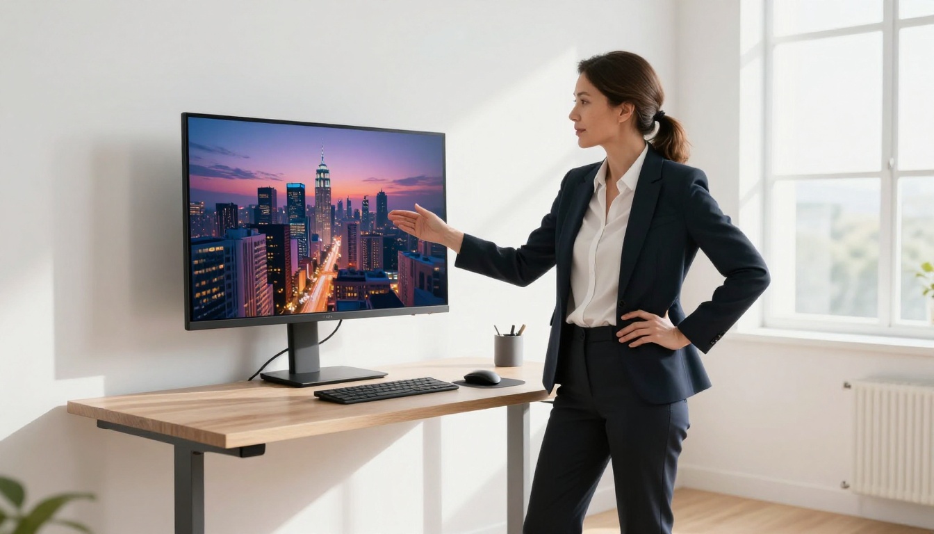 Woman at standing desk pointing at vibrant AI-generated cityscape on wall monitor