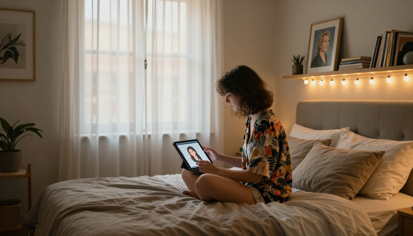 Young woman working on tablet in cozy bedroom studio setup surrounded by string lights and bookshelves