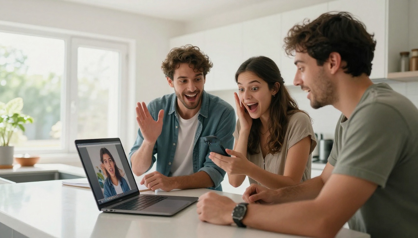 Two friends in a bright kitchen excitedly sharing AI-generated artwork on a smartphone