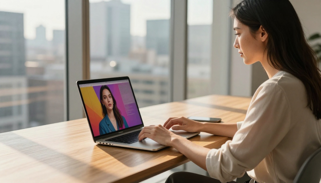 Woman using AI image generator at a modern workstation