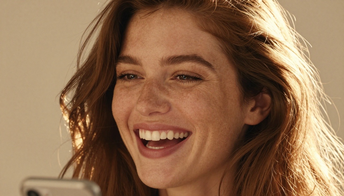 A woman with natural freckles and auburn hair laughing while looking at her phone in warm afternoon sun A woman with natural freckles and auburn hair laughing while looking at her phone in warm afternoon sun