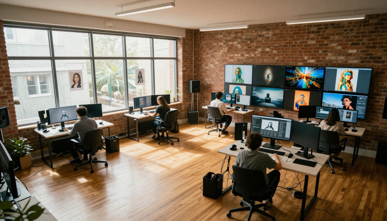 Aerial view of modern open-plan creative studio with professionals working at stations