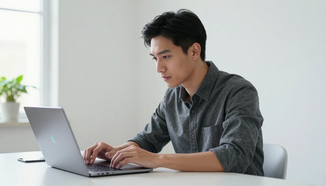 A young man with East Asian features and glasses seated at a minimal white desk with a laptop, cool window light A young man with East Asian features and glasses seated at a minimal white desk with a laptop, cool window light