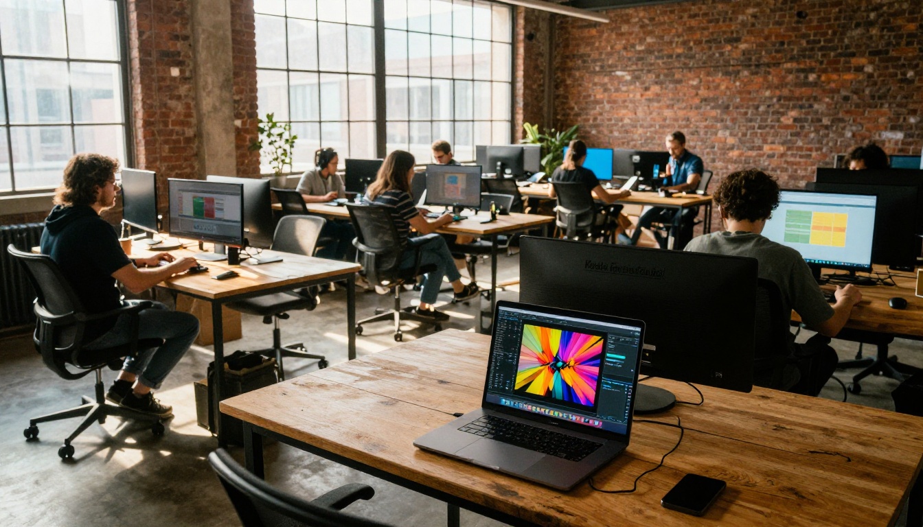 A busy co-working space with large industrial windows, afternoon light shafts crossing the room A busy co-working space with large industrial windows, afternoon light shafts crossing the room