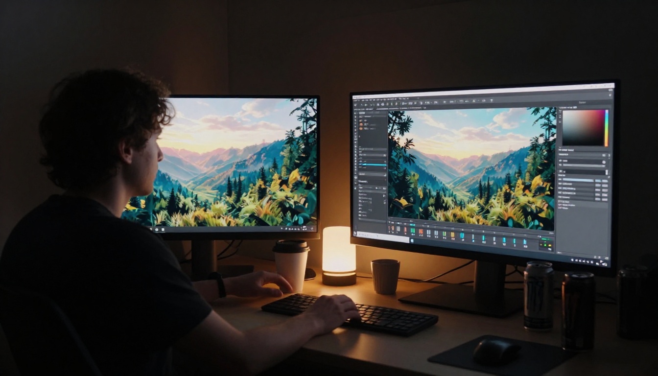 Digital artist working late at dual monitors in a dark studio, face lit by screen glow
