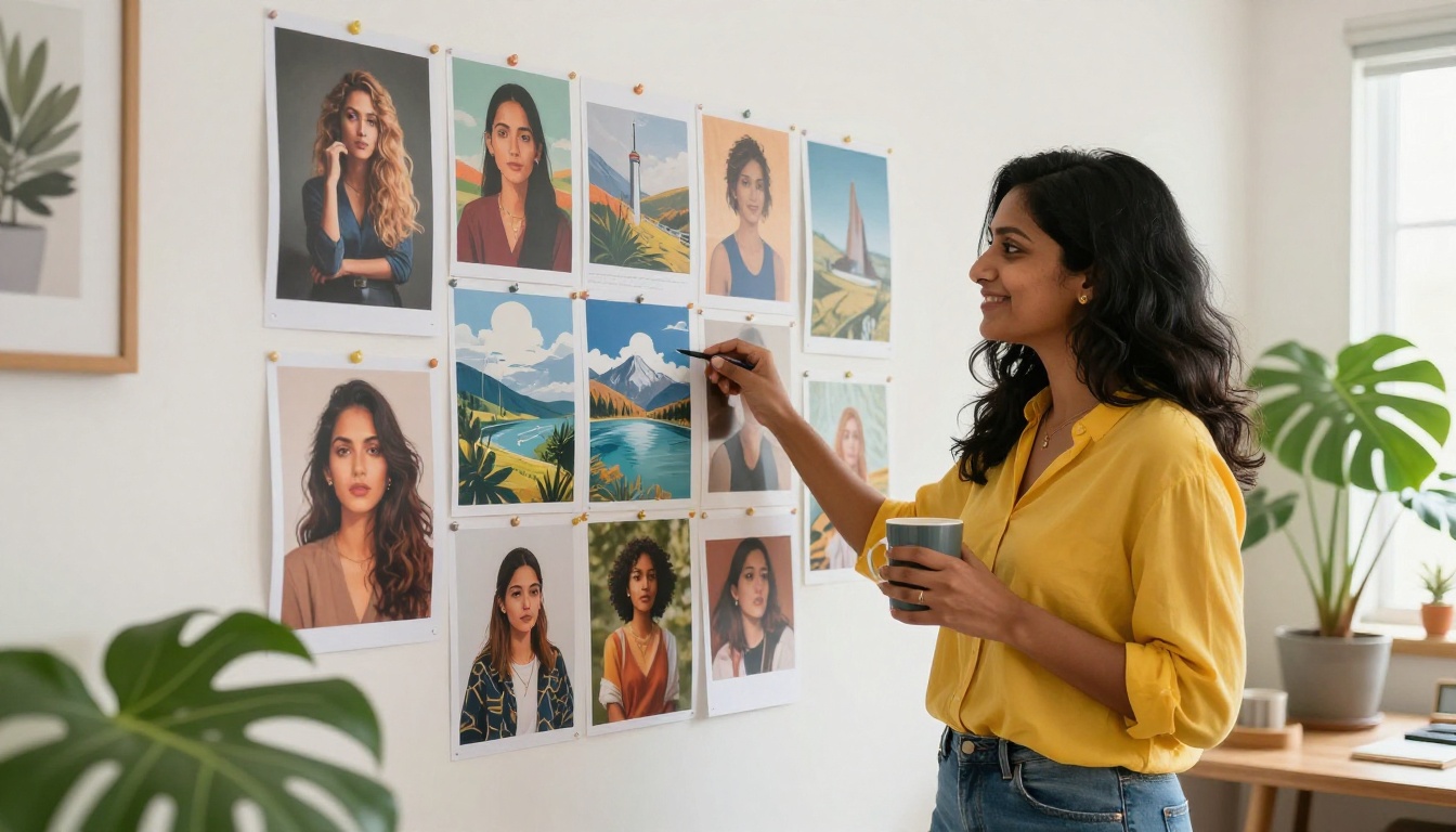 South Asian woman smiling and celebrating beside her AI artwork portfolio displayed on the wall