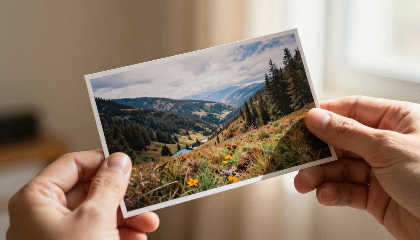 A hand holding a single printed photograph with a glossy finish in warm directional window light A hand holding a single printed photograph with a glossy finish in warm directional window light