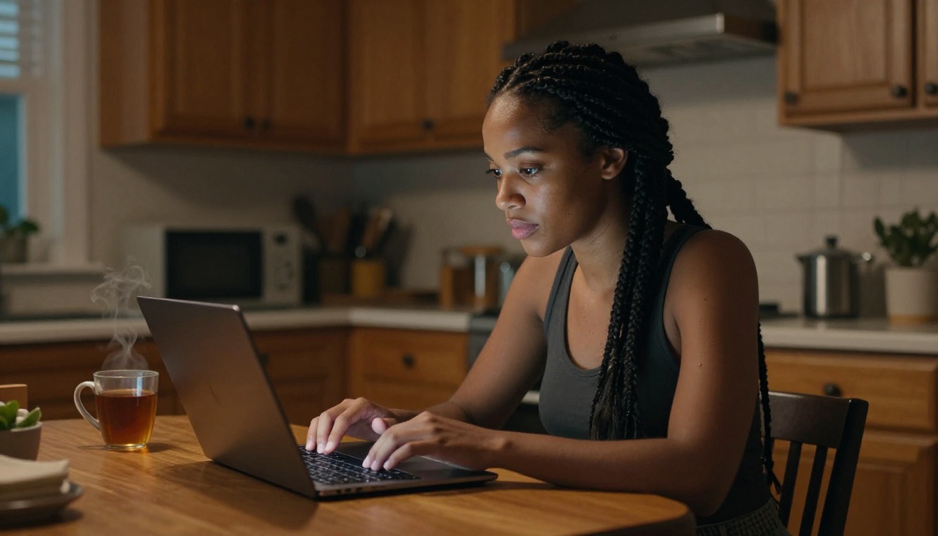 A woman with dark braided hair looking at a laptop in a kitchen, screen illuminating her face with warm glow A woman with dark braided hair looking at a laptop in a kitchen, screen illuminating her face with warm glow