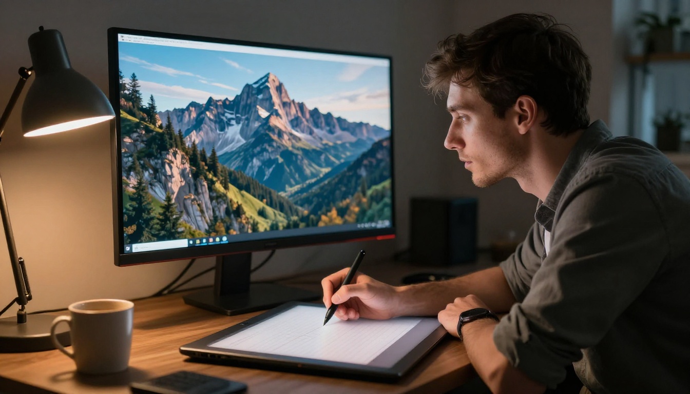 Graphic designer in side profile reviewing AI-generated mountain landscape on 4K monitor