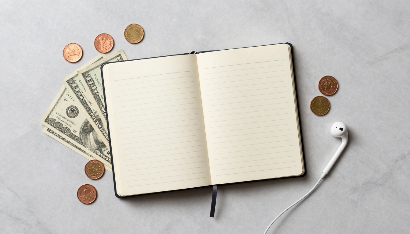 Minimalist budget flat-lay on grey marble with a notebook, coins, folded bills, and an earphone cable Minimalist budget flat-lay on grey marble with a notebook, coins, folded bills, and an earphone cable
