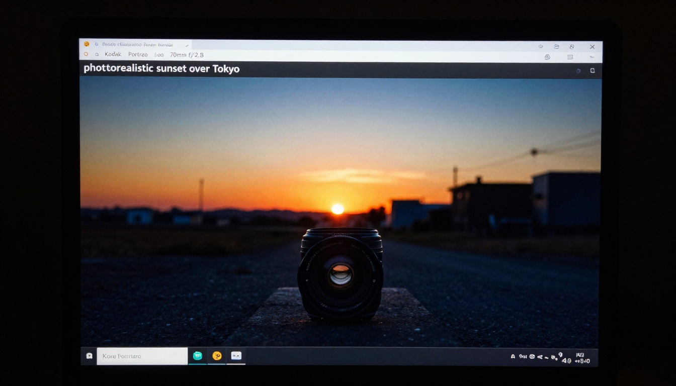 Monitor screen showing AI image generation prompt interface with real-time output