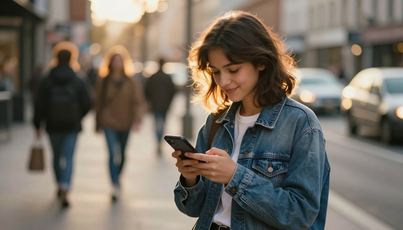 A young woman in a denim jacket standing on a city sidewalk at golden hour, smiling at her phone A young woman in a denim jacket standing on a city sidewalk at golden hour, smiling at her phone