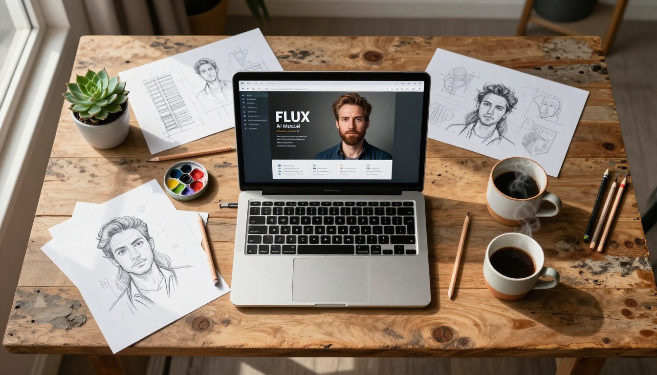 MacBook workspace flat-lay showing FLUX AI model interface on screen