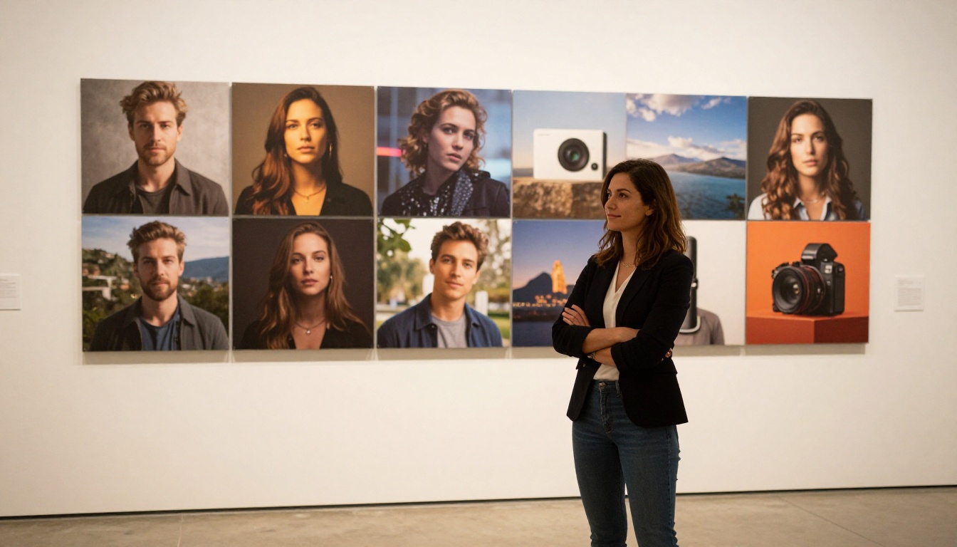 Woman standing in front of large AI-generated image gallery display wall