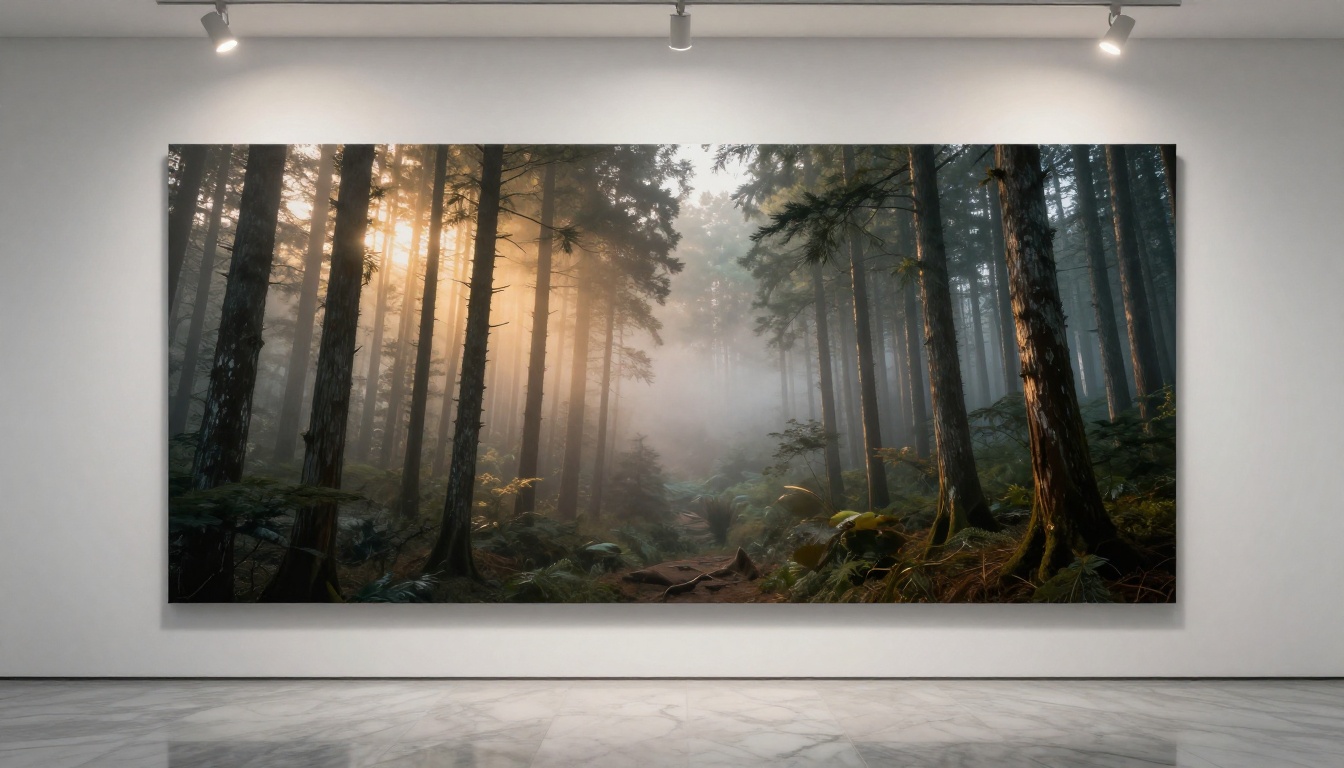 AI-generated Japanese forest canvas print displayed on museum wall