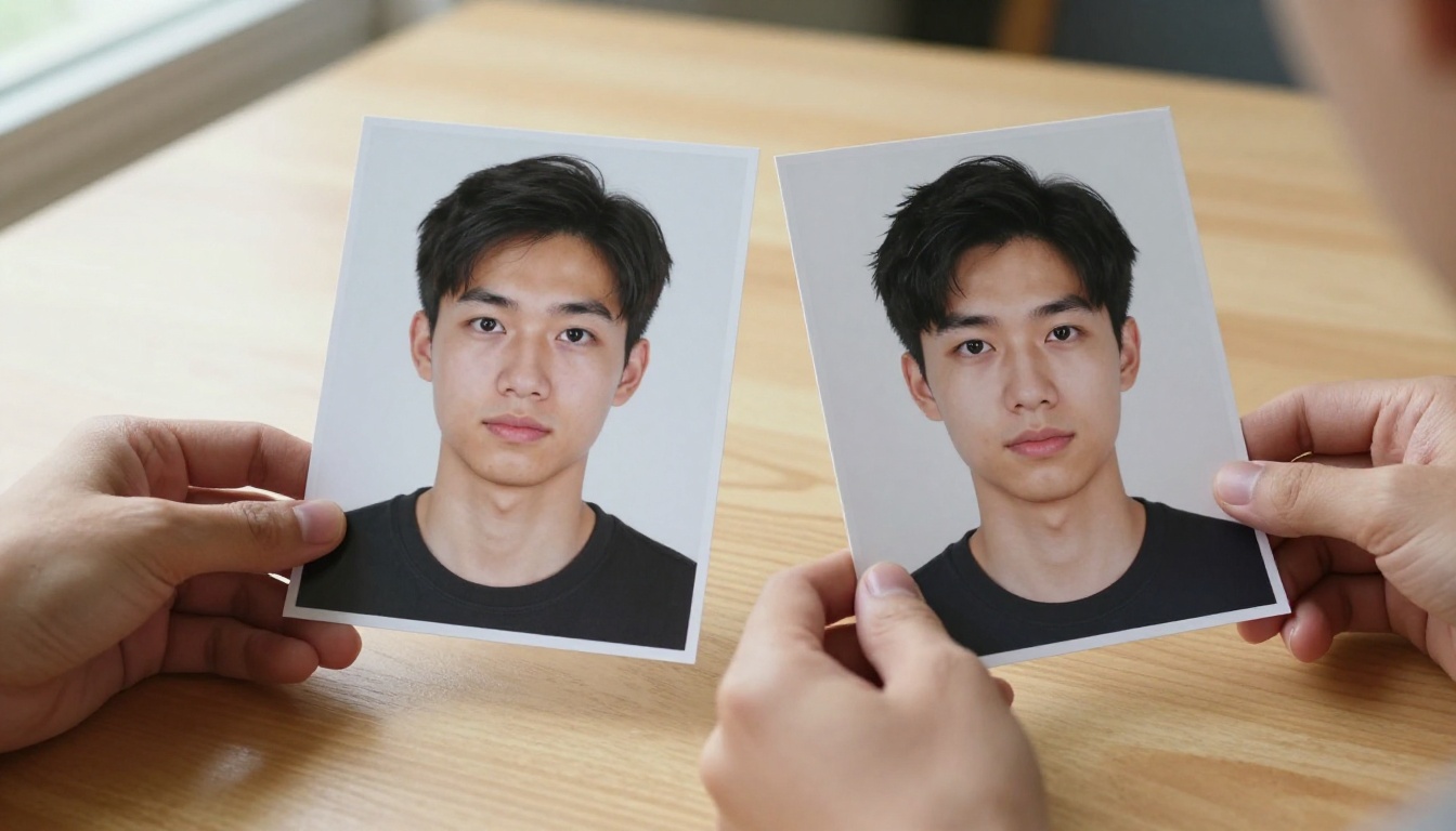 Two printed photographs compared side by side on wooden table showing AI vs traditional photo