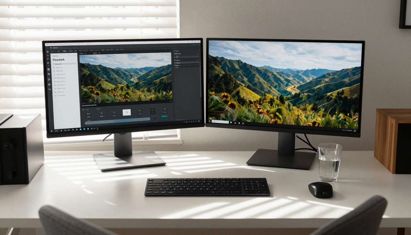Modern home office dual monitor setup with AI generation interface active