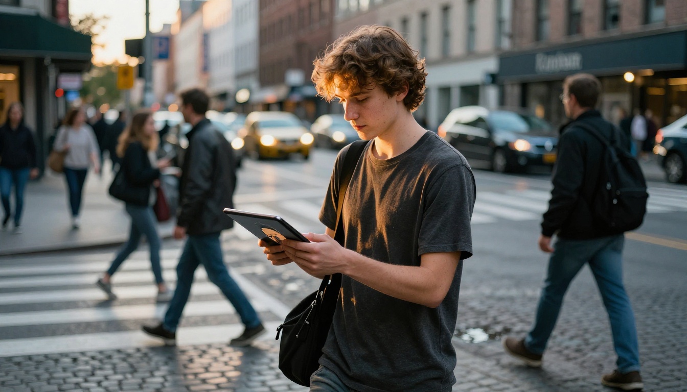 Young creative walking through busy city intersection holding tablet with AI portrait