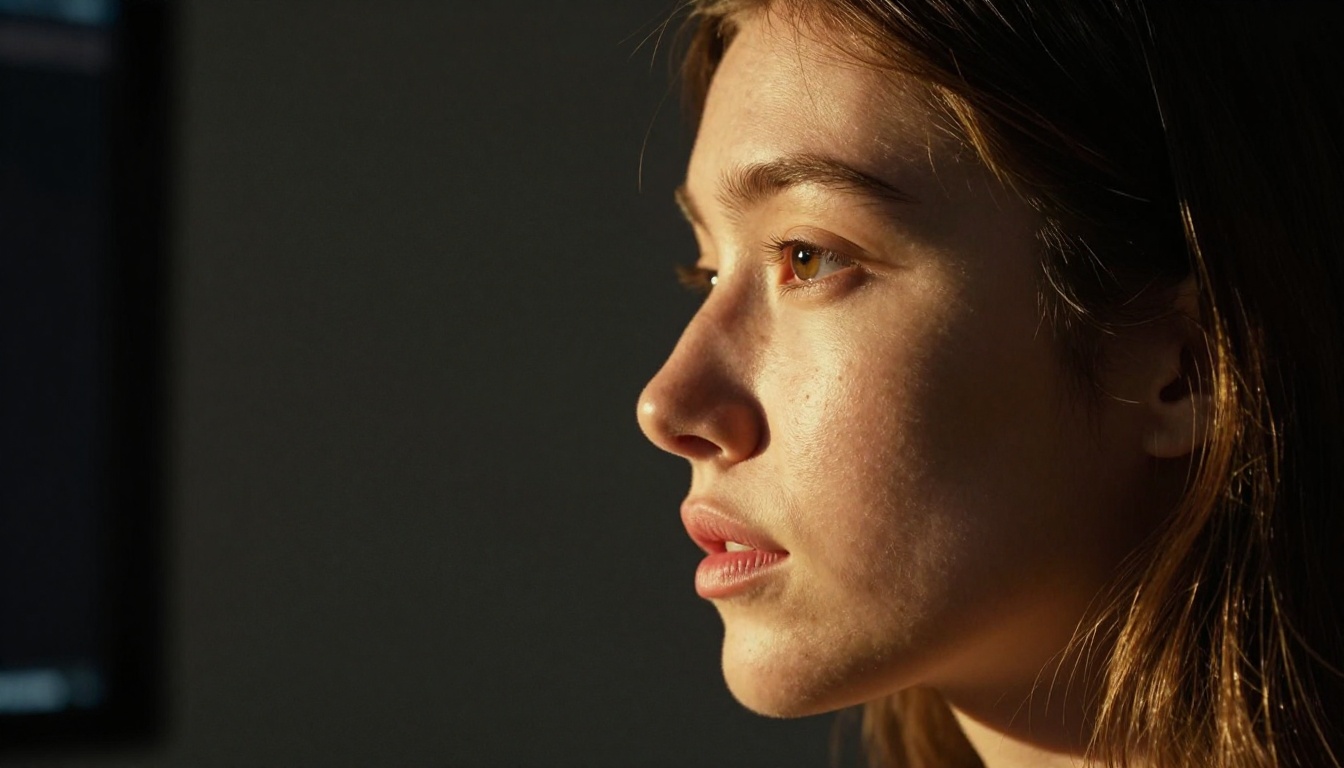Intimate close-up photorealistic AI-generated portrait displayed on professional monitor