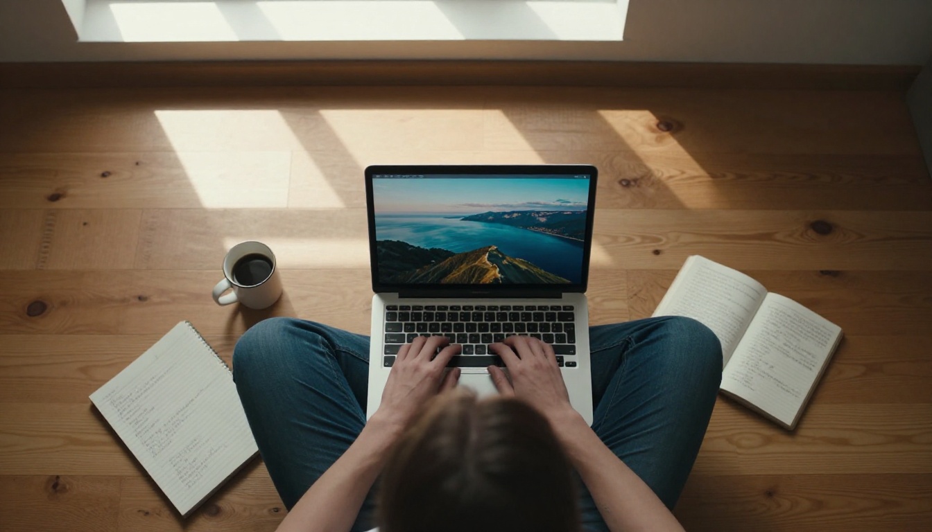 Bird's eye view of person sitting cross-legged on wooden floor with laptop showing AI seascape