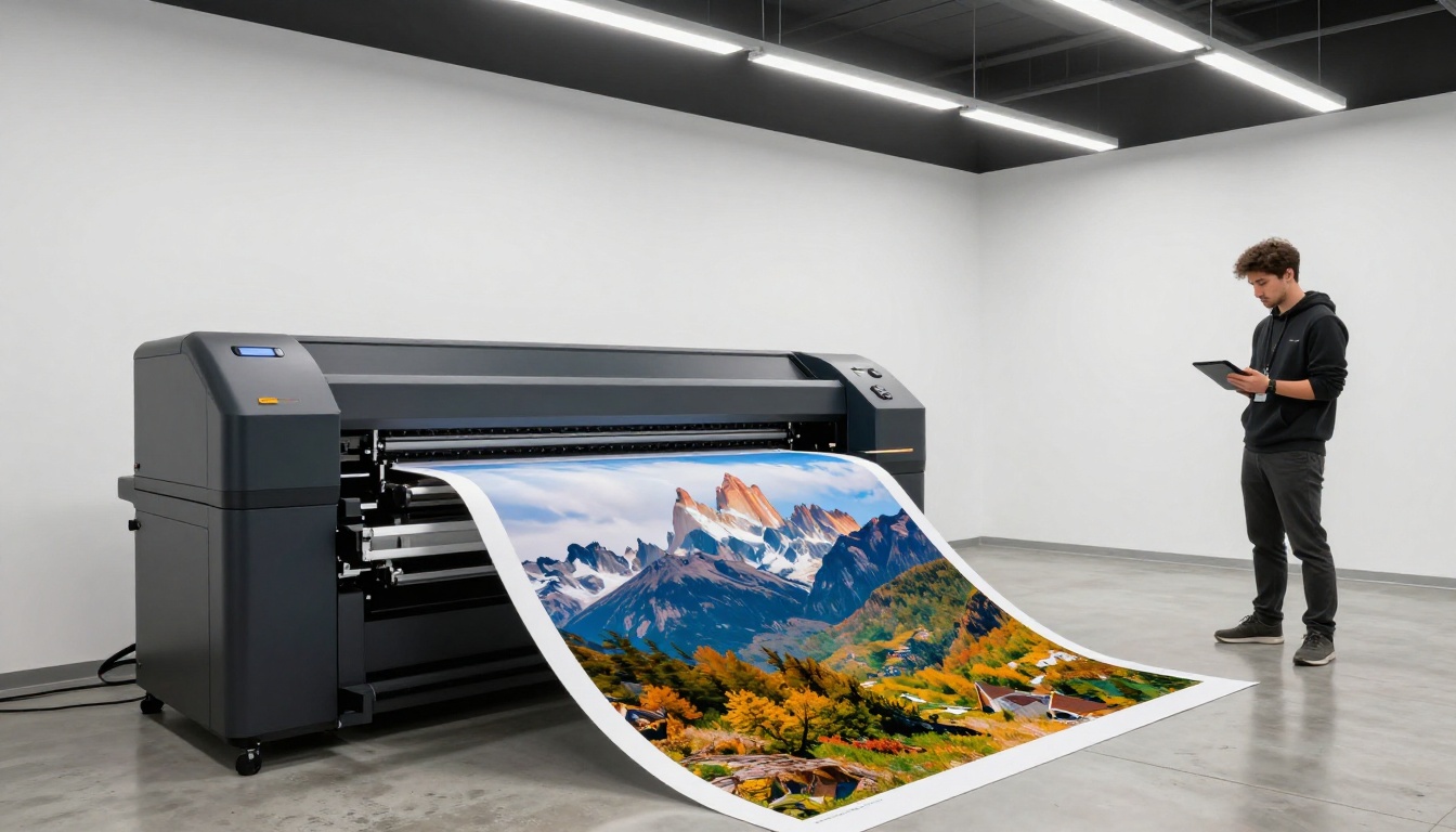 Large format printer producing AI-generated photorealistic Patagonian landscape in photography studio