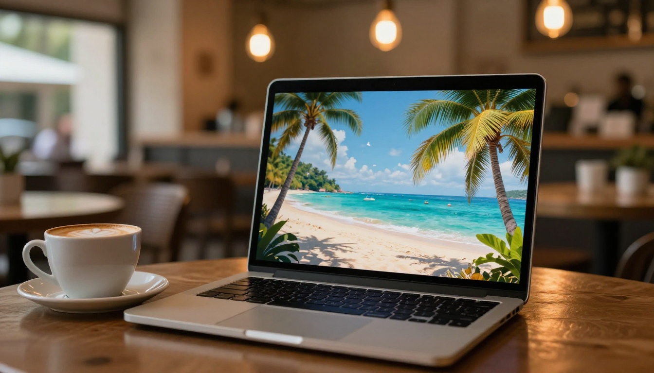 Laptop displaying AI-generated tropical beach scene from dramatic low-angle at café table