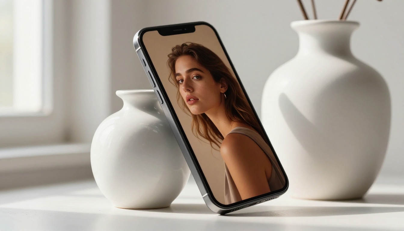 Smartphone displaying AI-generated portrait in product photography setup with ceramic vase