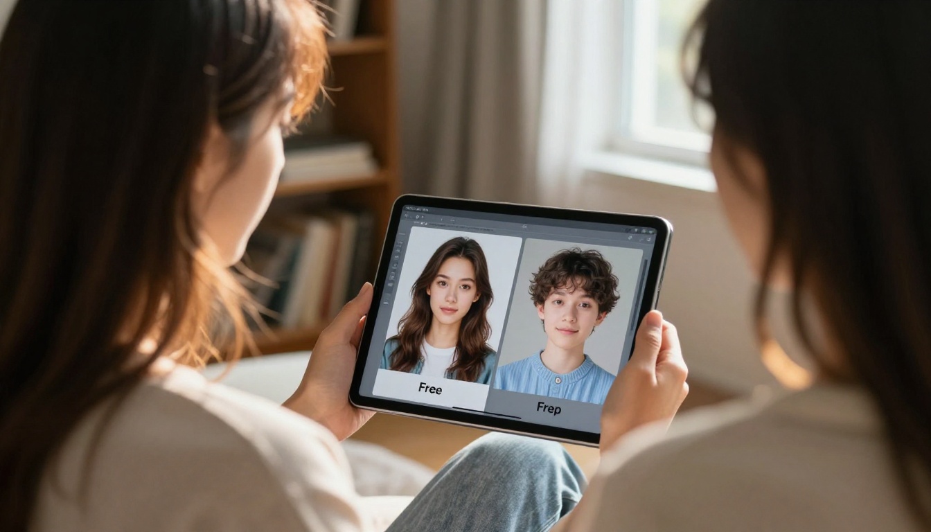 Young woman over-the-shoulder view comparing AI image generator outputs on tablet