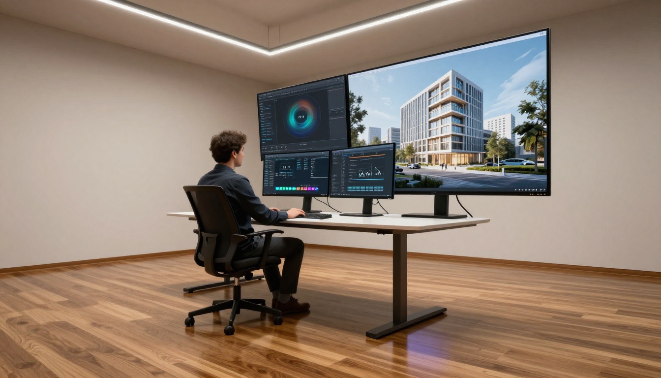 Designer standing at standing desk with dual monitors showing AI interfaces from dramatic low angle