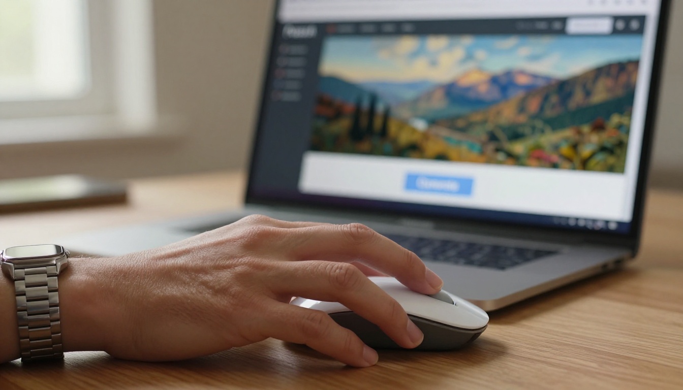 Person's hand about to click generate button on PicassoIA interface with landscape preview