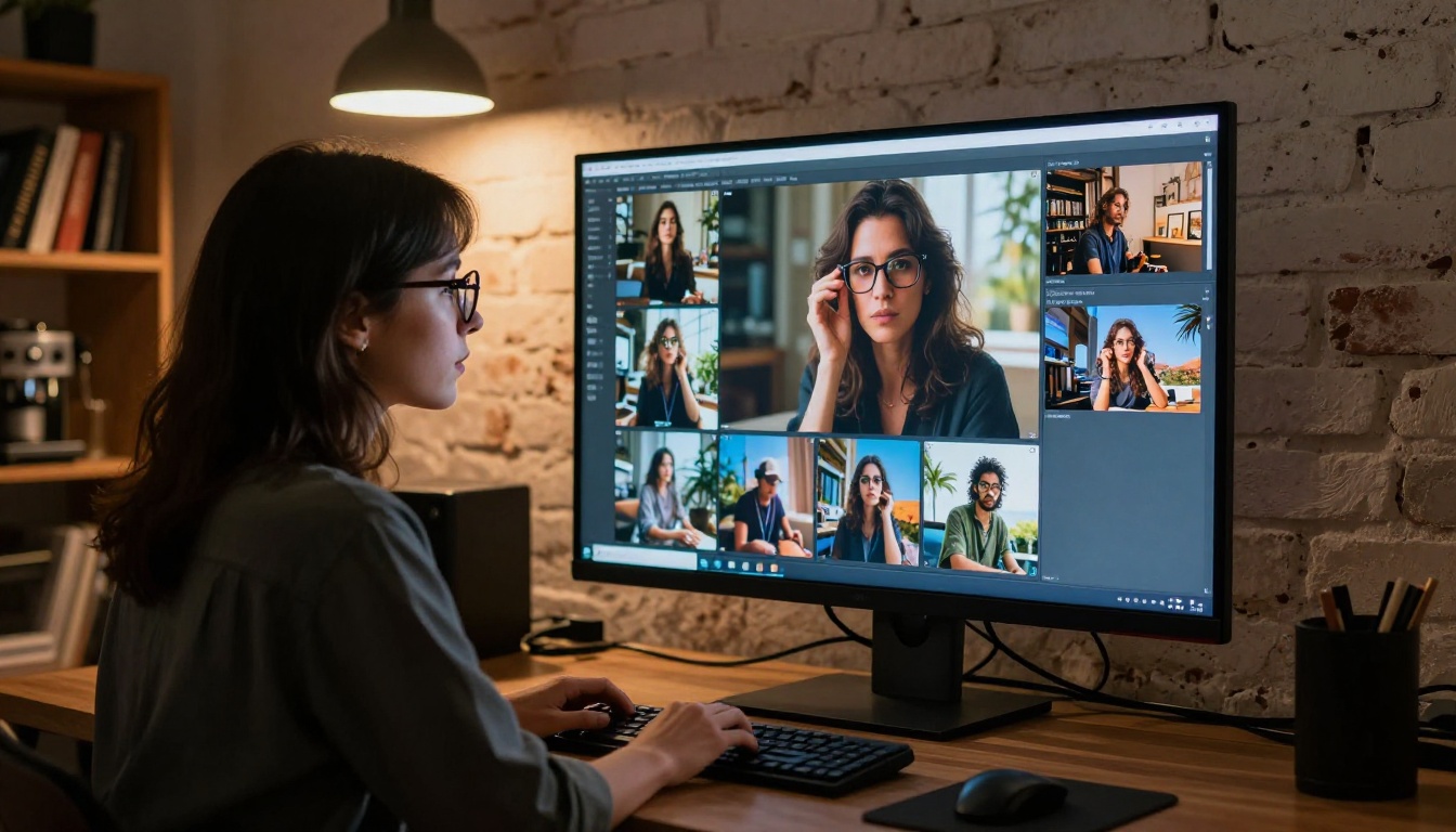 Creative professional woman reviewing AI-generated images on studio monitors