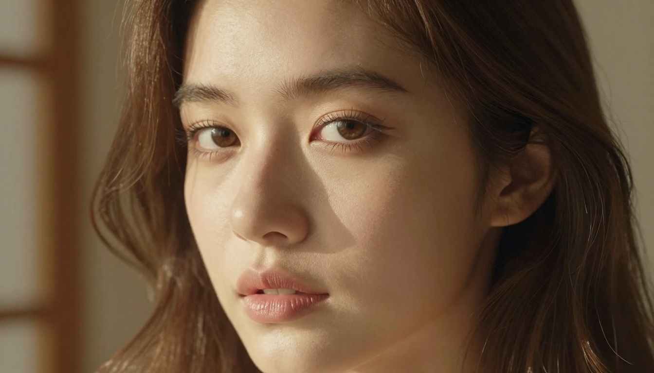 Photorealistic 4K portrait of a woman with chestnut hair in warm golden window light