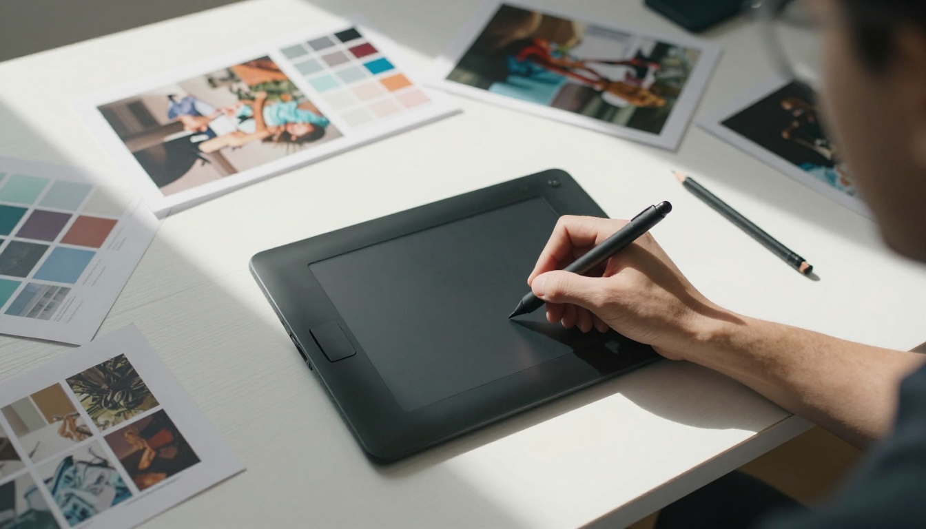 Aerial view of a designer's hands with stylus, tablet, prints, and color swatches on oak desk