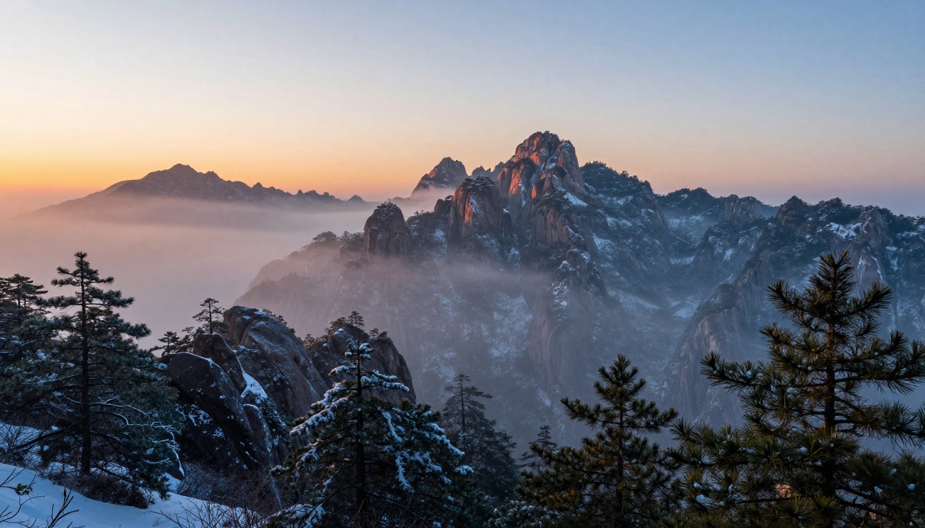 Vast misty mountain landscape at dawn, granite peaks emerging through rolling fog in the valley