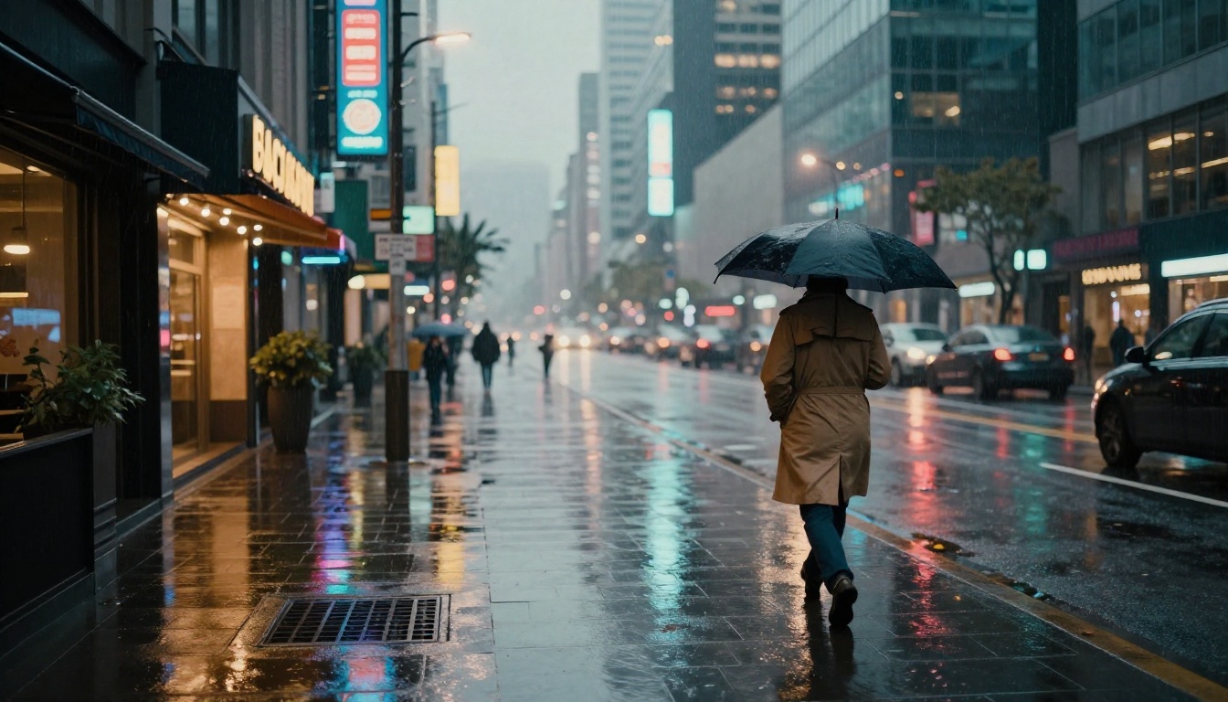 Rain-slicked urban street at blue hour with neon reflections on wet asphalt