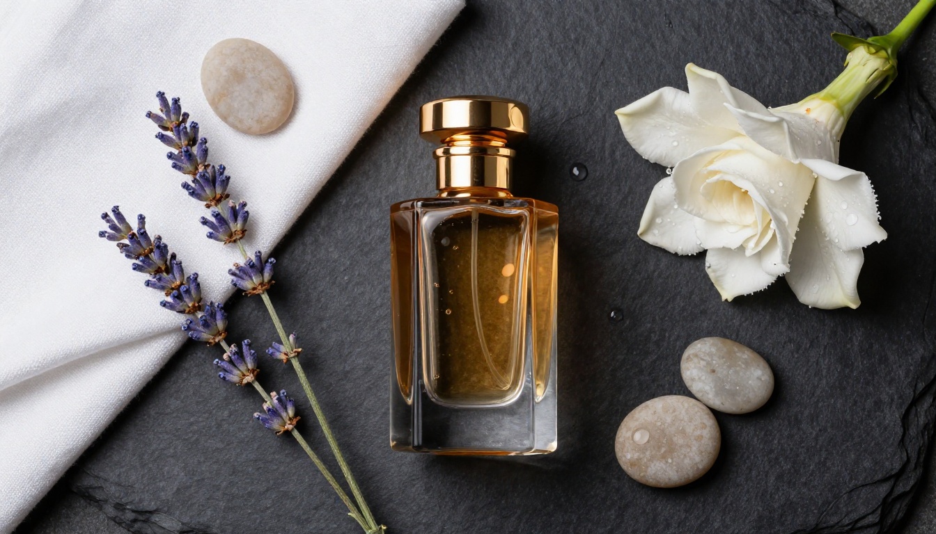 Luxury product flat lay with glass perfume bottle, botanicals, and river stones on dark slate