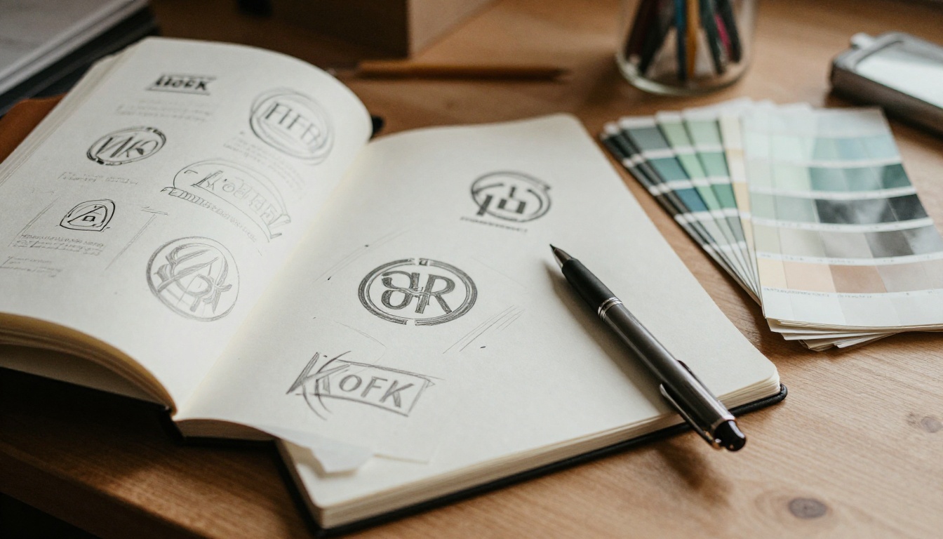 Graphic designer's open sketchbook with pencil logo concepts and pantone color swatches on sunlit desk