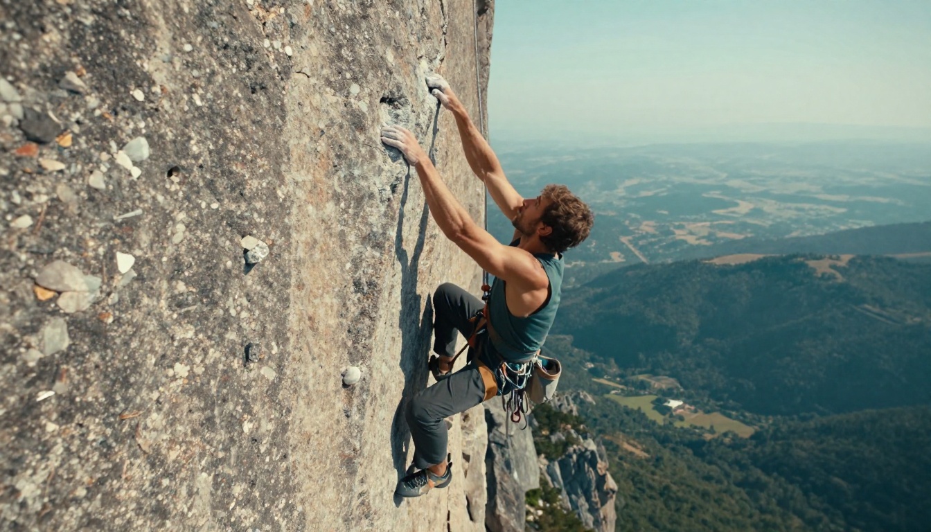 Rock climber gripping a granite cliff face, chalk-dusted hands, vertiginous valley below