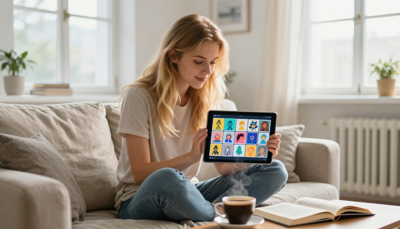 Young woman browsing AI image gallery on a tablet in a bright Scandinavian apartment
