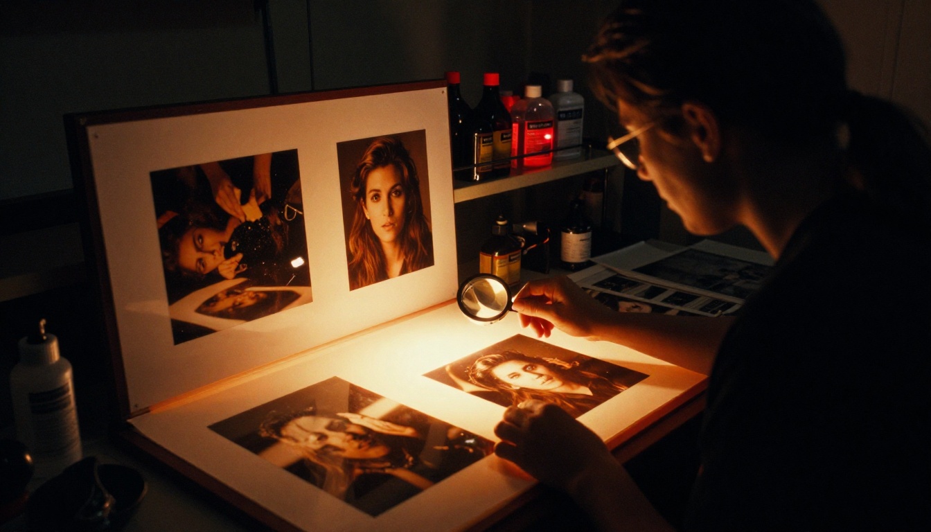 Professional photographer reviewing prints on glowing light table in darkroom