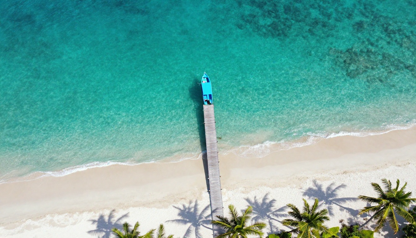 Aerial drone view of tropical coastline with turquoise water, white sand, and a wooden pier