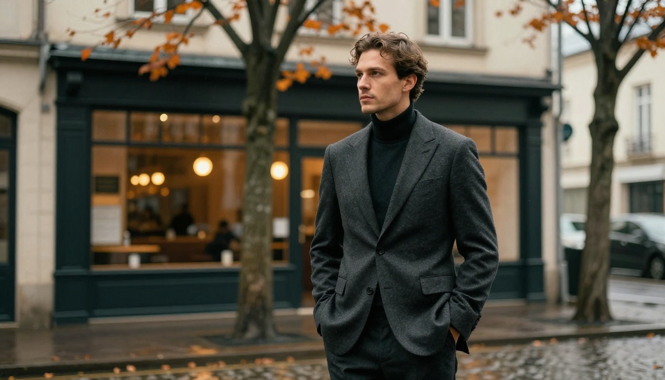 Editorial fashion portrait of a man in charcoal suit on rain-wet cobblestone European street