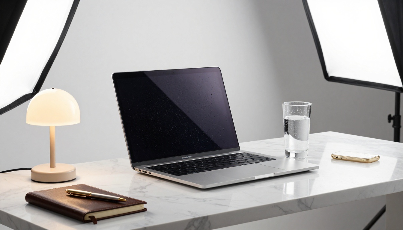 Commercial product photography studio with silver laptop on marble surface and leather notebook