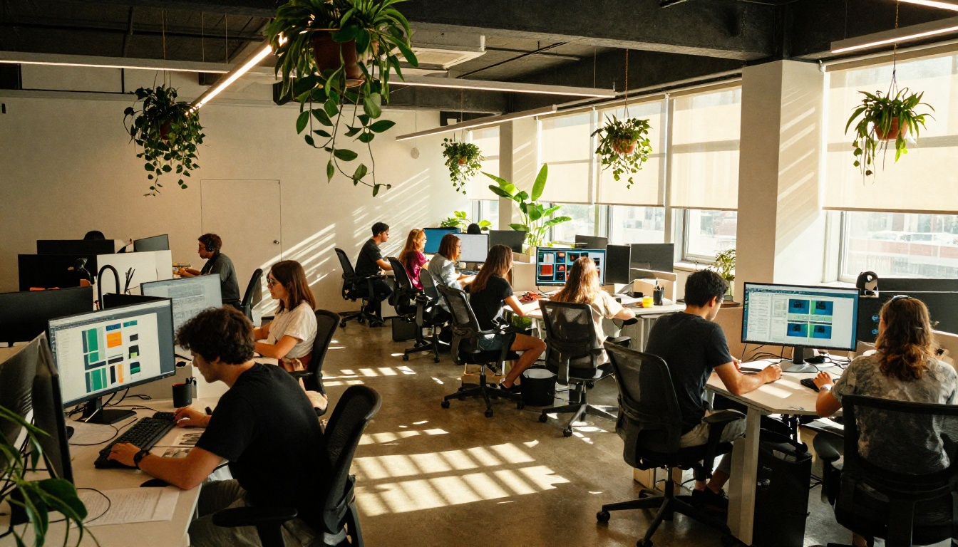 Bustling creative agency open office with designers at standing desks in striped afternoon light